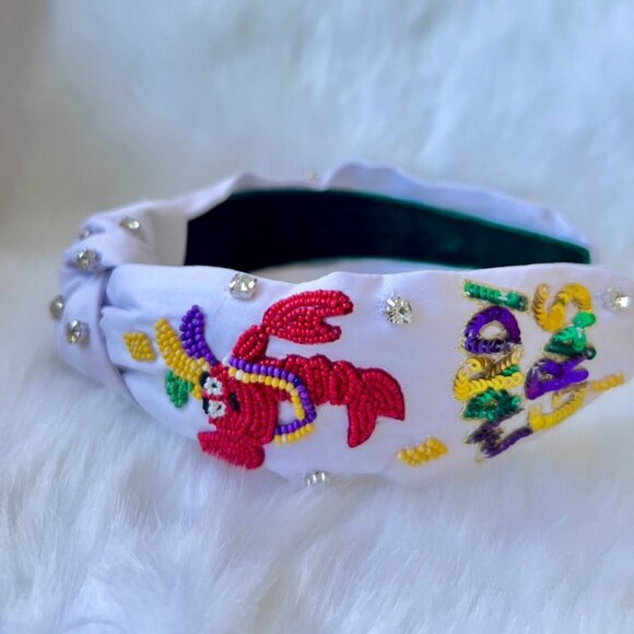 Handmade Bead Knotted Headband Carnival NOLA Let's Go Cray New Orleans Headband - Picture 3 of 7